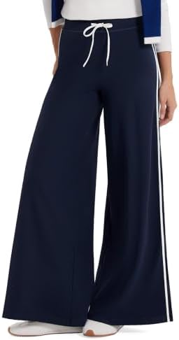 Wide Leg Yoga Pants Side Striped Drawstring Lounge Pant, Navy Blue