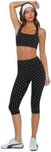 Workout Set Capri 2 Piece Sets Sports Bras Capri Leggings, Black-polka Dot-1
